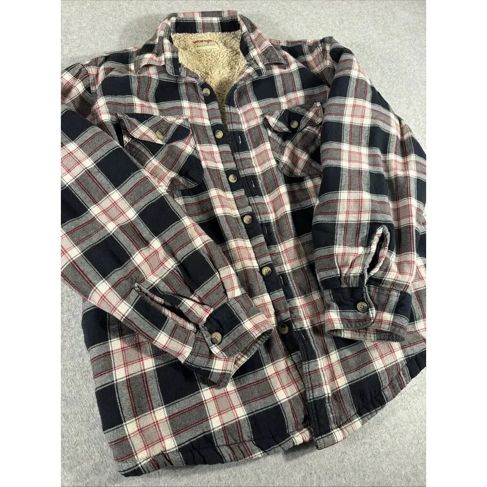 Wrangler Authentic Western Jacket Mens Large Red Plaid Flannel Lined